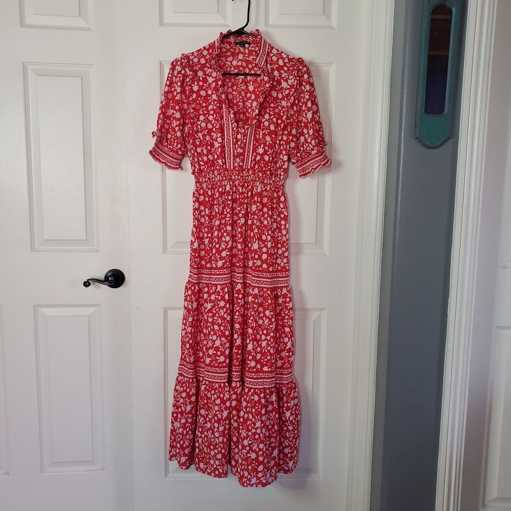 Max Studio Floral Red Maxi Dress Peasant Bohemian Tiered High Neck Short Sleeves